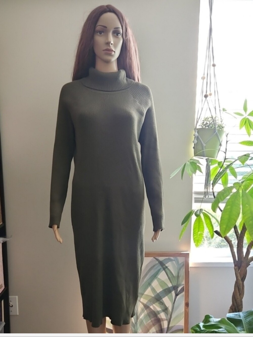 Jackson Rowe Sweater Dress Olive Green Ribbed Turtleneck Midi Long Sleeves